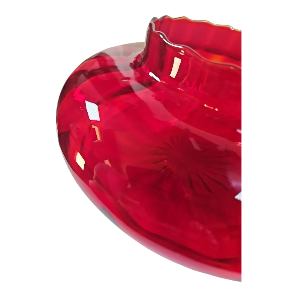 MCM Empoli Art Glass Optic Ruby Red Bowl Vase Lamp Base Scalloped Edge